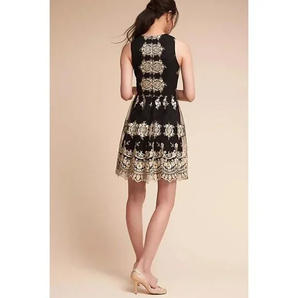 Immaculate BHLDN Black Gold Lace Flourish A-Line Dress $380 - Picture 3 of 11